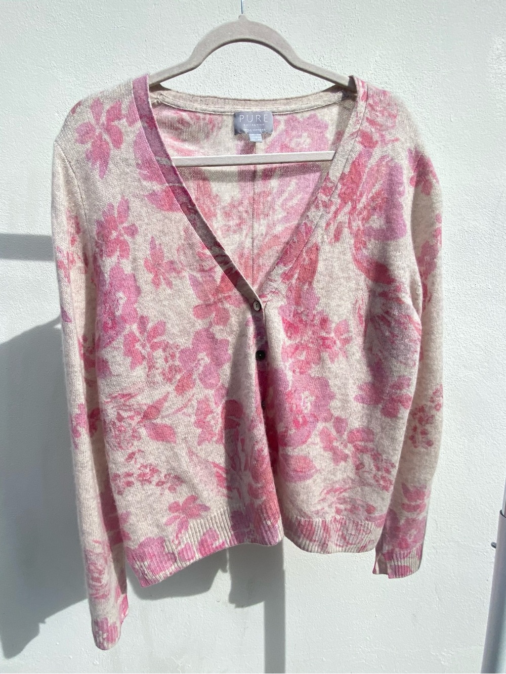 Pure Collection 100% Cashmere Pink Oatmeal Floral Cardigan Size 8/10